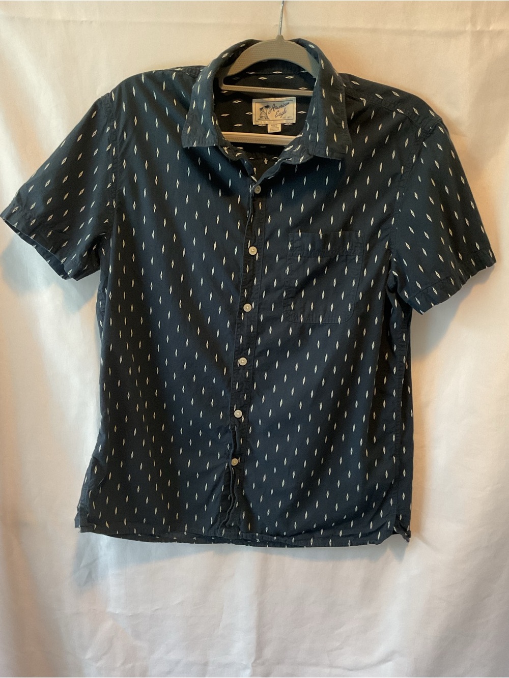 American Eagle Outfitters Navy Short-Sleeve Printed Button-Down Shirt